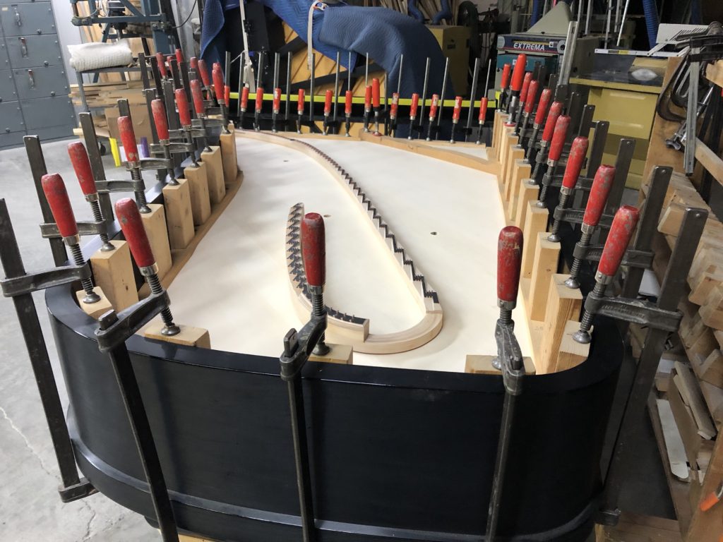 Soundboard Glued and Drying with clamps in place in a Concert Grand.