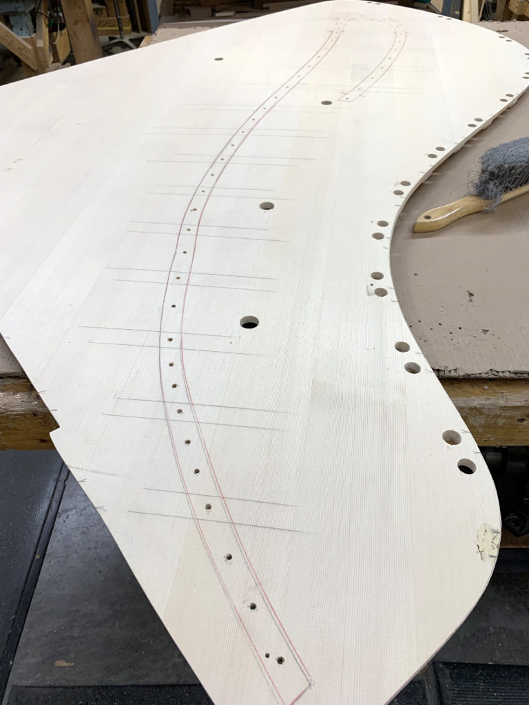 Swiss Tonewood Soundboard with bridge pattern and drilled holes - ready to set and glue the bridge.